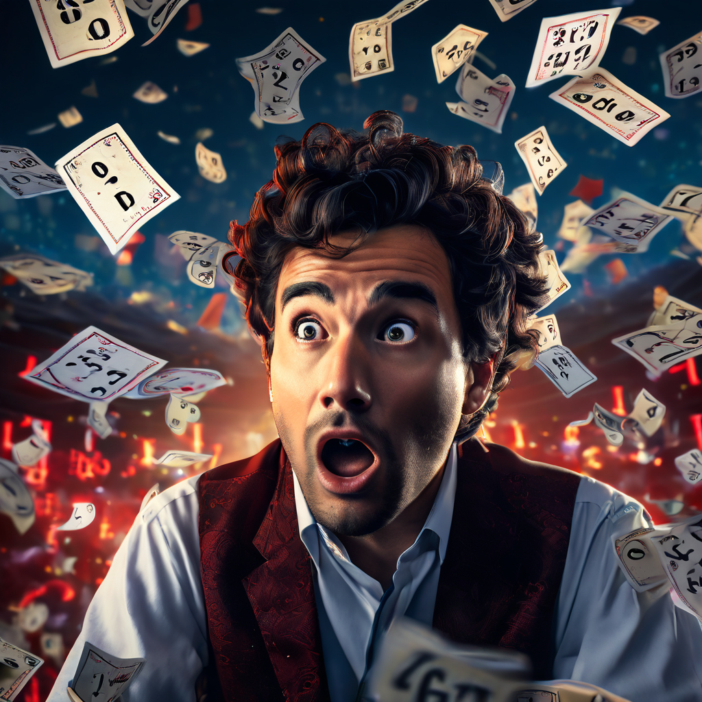 복잡한 배팅 슬립에서 0.25의 배당률을 확인하며 당혹스러워하는 도박꾼의 얼굴을 클로즈업한 이미지로, 주변에는 혼란스러운 숫자와 물음표가 떠다니고 있습니다.