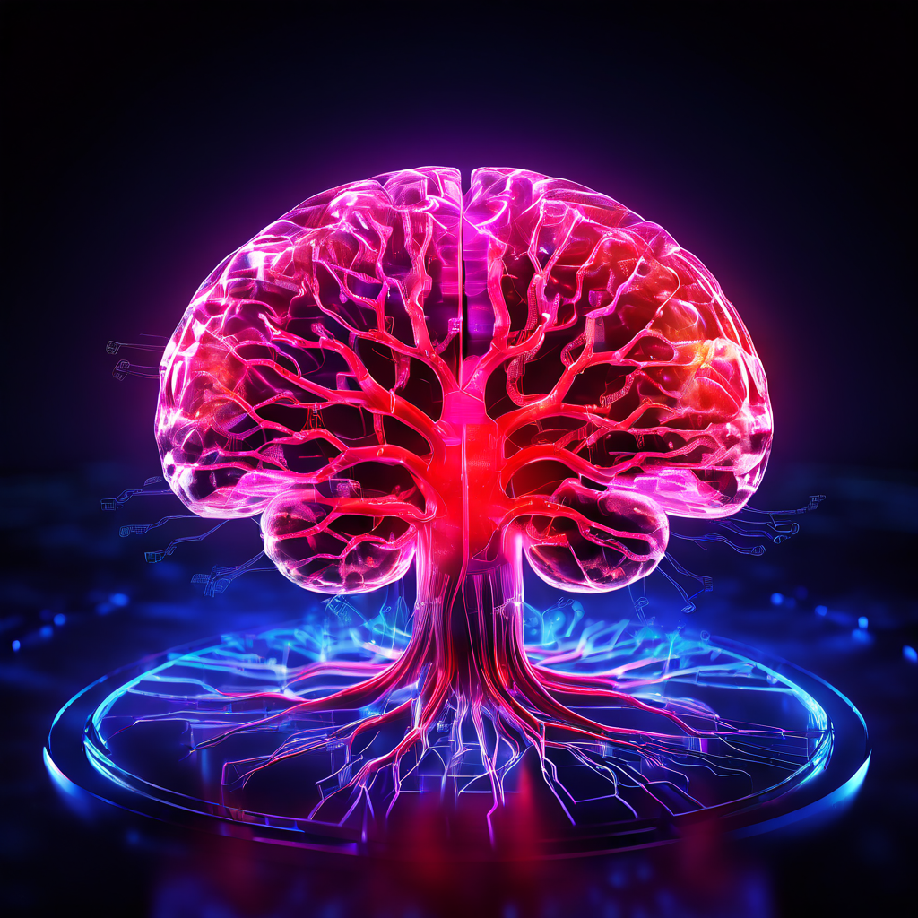 빛나는 홀로그램 뇌 스캔 이미지에서 신경망 경로를 따라 기하급수적으로 퍼져 나가는 붉은색 분기형 바이러스의 침투 과정을 시각적으로 표현하고 있습니다.
