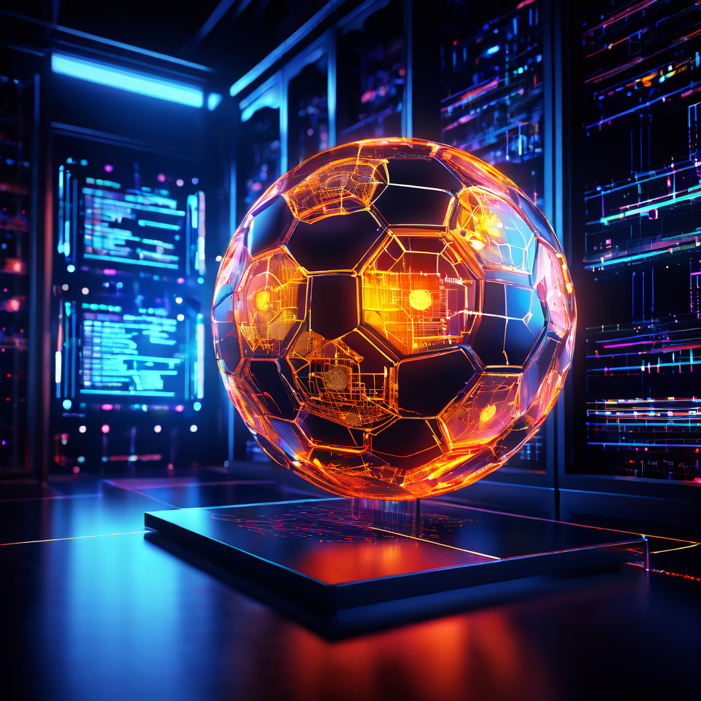 서버 랙 위에 떠 있는 빛나는 디지털 축구공이 데이터 무결성과 시뮬레이션을 상징하며, 헥사곤 패널에는 통계가 표시되고 주변으로 확률 그래프와 데이터 스트림이 흐르고 있습니다.