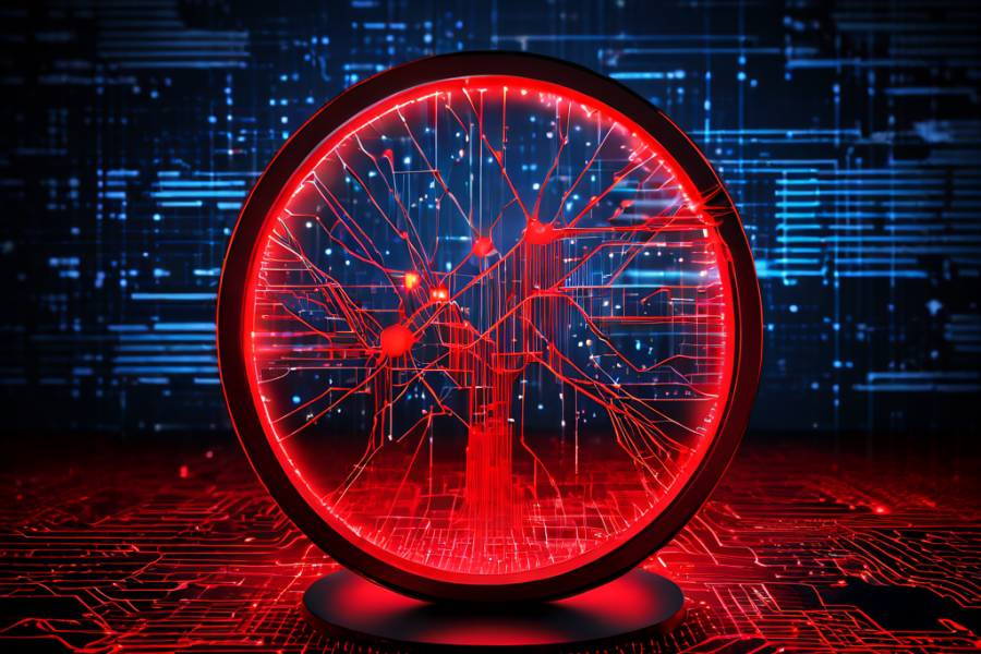 금융 네트워크의 취약점을 디지털 돋보기로 분석하여 빨간색 균열이 보이는 상호 연결된 데이터 노드를 보여주는 이미지입니다.