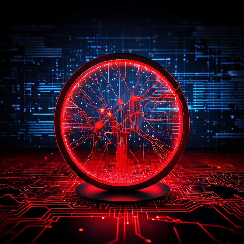 금융 네트워크의 취약점을 디지털 돋보기로 분석하여 빨간색 균열이 보이는 상호 연결된 데이터 노드를 보여주는 이미지입니다.