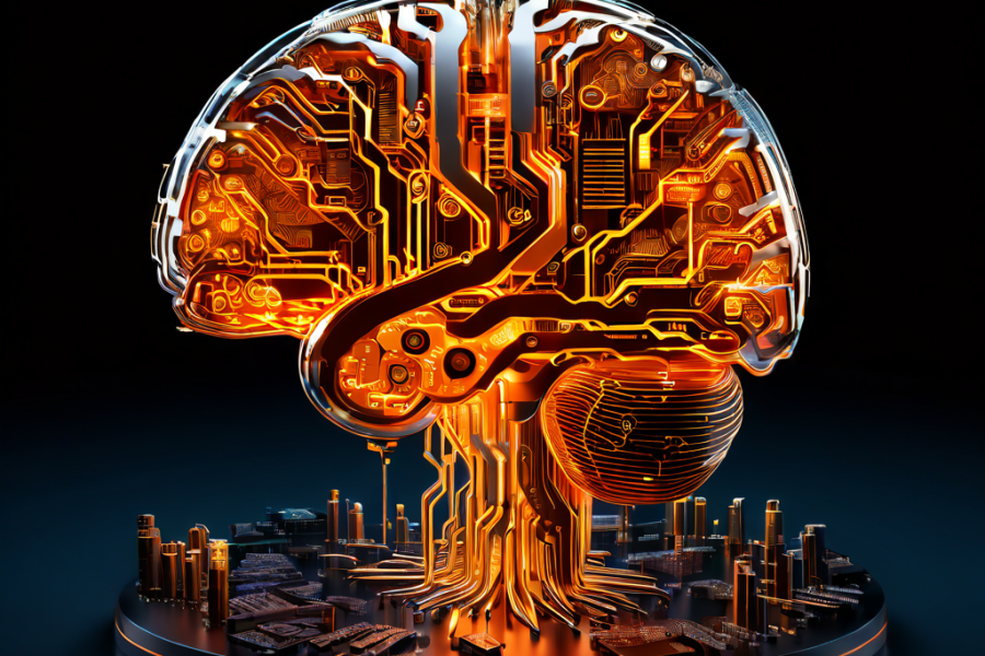 빛나는 디지털 두뇌가 흐르는 금융 데이터를 분석하며, 로봇 팔이 복잡한 회로 기반 시장에 코인을 배치하는 핀테크와 자동화 투자의 미래를 상징적으로 표현한 이미지입니다.