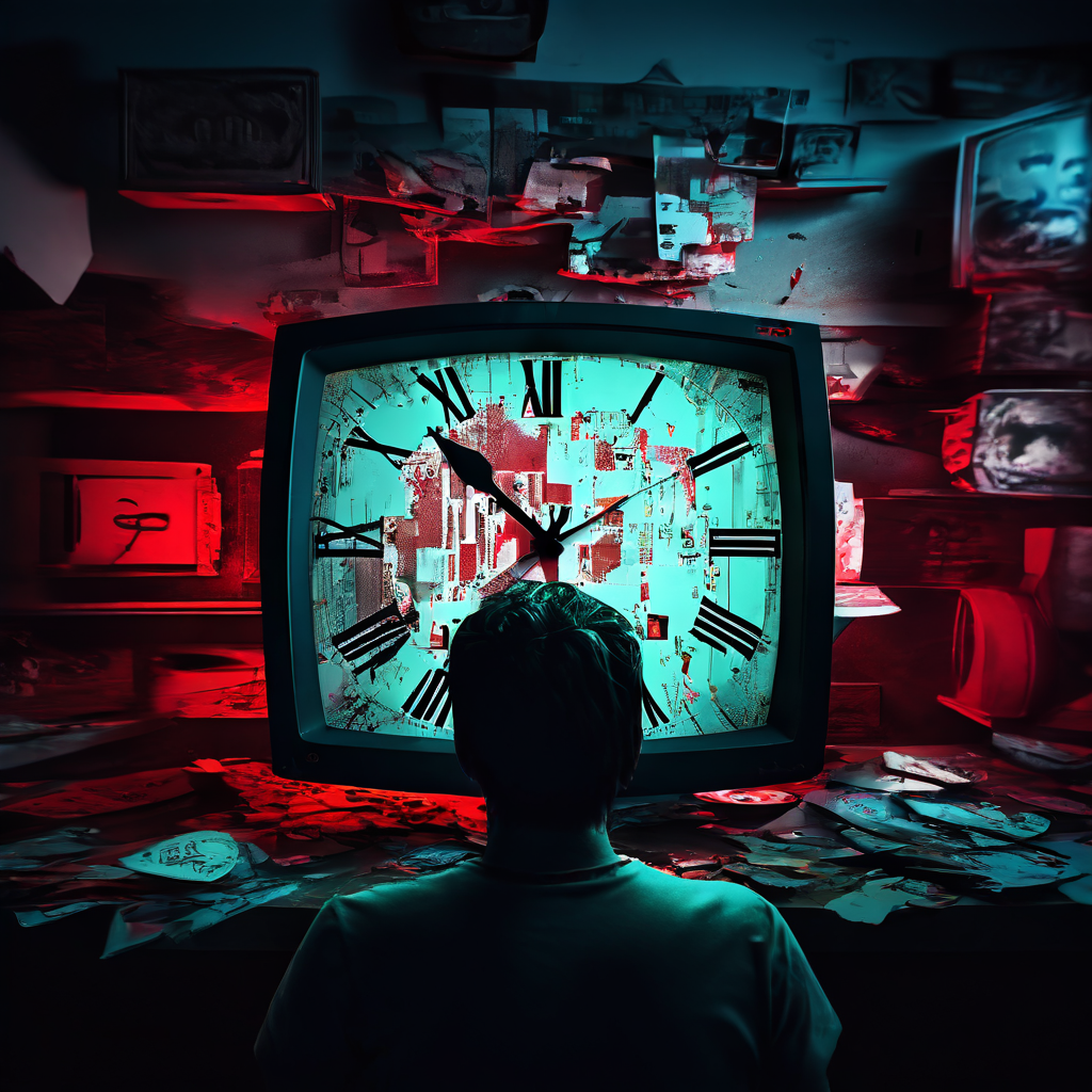 고장난 시계와 글리치 현상이 발생하는 텔레비전을 바라보며 좌절하는 시청자의 모습이 시간 관리와 디지털 정보의 불확실성이라는 주제를 시각적으로 표현한 이미지입니다.