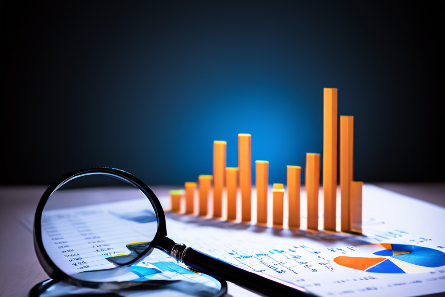 불규칙한 분기별 데이터 추세선과 흐릿한 데이터 포인트를 확대하는 돋보기, 스프레드시트 위의 물음표 그림자가 데이터 분석의 불확실성과 복잡한 의사결정 과정을 시각적으로 표현한 이미지입니다.