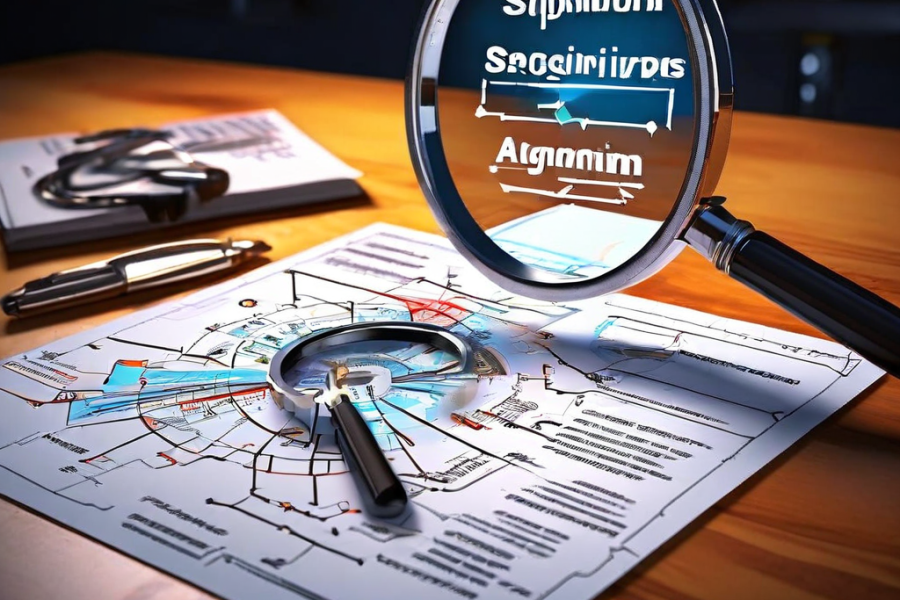 확대경으로 살펴본 복잡한 플로우차트에서 경고 표시가 된 망가진 톱니바퀴를 강조하며, 알고리즘 결함을 진단하는 증상 분석 과정을 보여주는 이미지입니다.