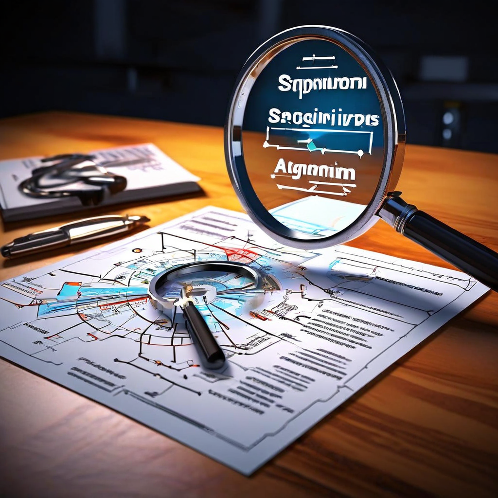 확대경으로 살펴본 복잡한 플로우차트에서 경고 표시가 된 망가진 톱니바퀴를 강조하며, 알고리즘 결함을 진단하는 증상 분석 과정을 보여주는 이미지입니다.