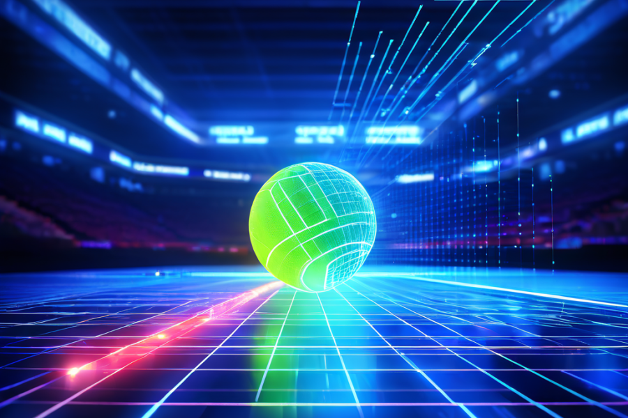 테니스 경기에서 랠리 횟수가 증가할수록 승리 확률이 높아지는 상관관계를 빛나는 테니스 공의 궤적과 그래프로 시각화한 데이터 분석 이미지입니다.