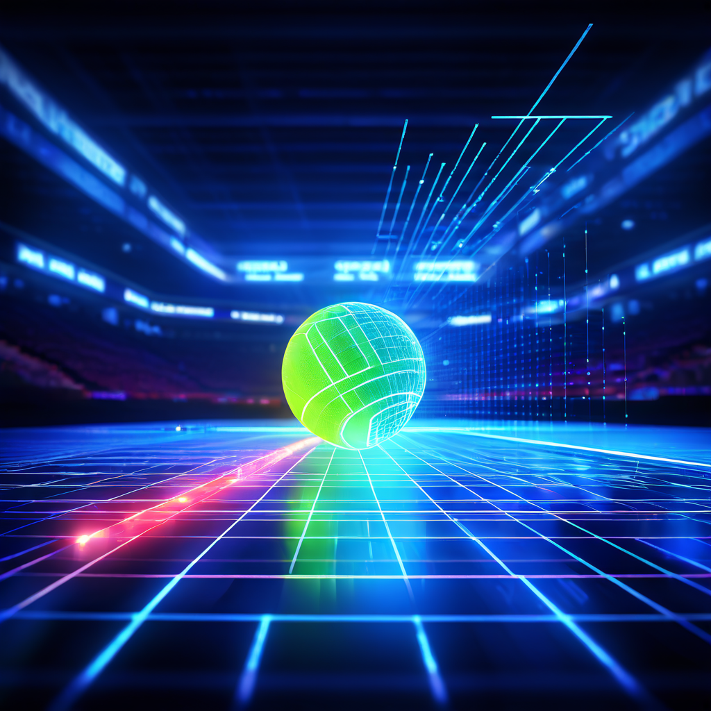 테니스 경기에서 랠리 횟수가 증가할수록 승리 확률이 높아지는 상관관계를 빛나는 테니스 공의 궤적과 그래프로 시각화한 데이터 분석 이미지입니다.