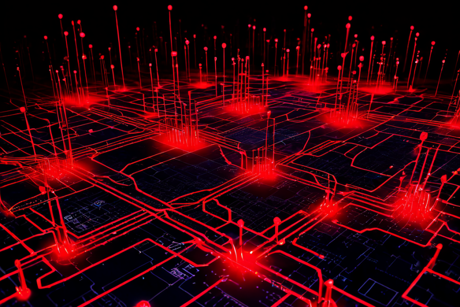 시스템 내 이상 금융 거래 흐름을 상징적으로 표현한 디지털 네트워크 맵으로, 빨갛게 빛나는 경로와 비정상적 연결 및 데이터 클러스터가 강조되어 있습니다.