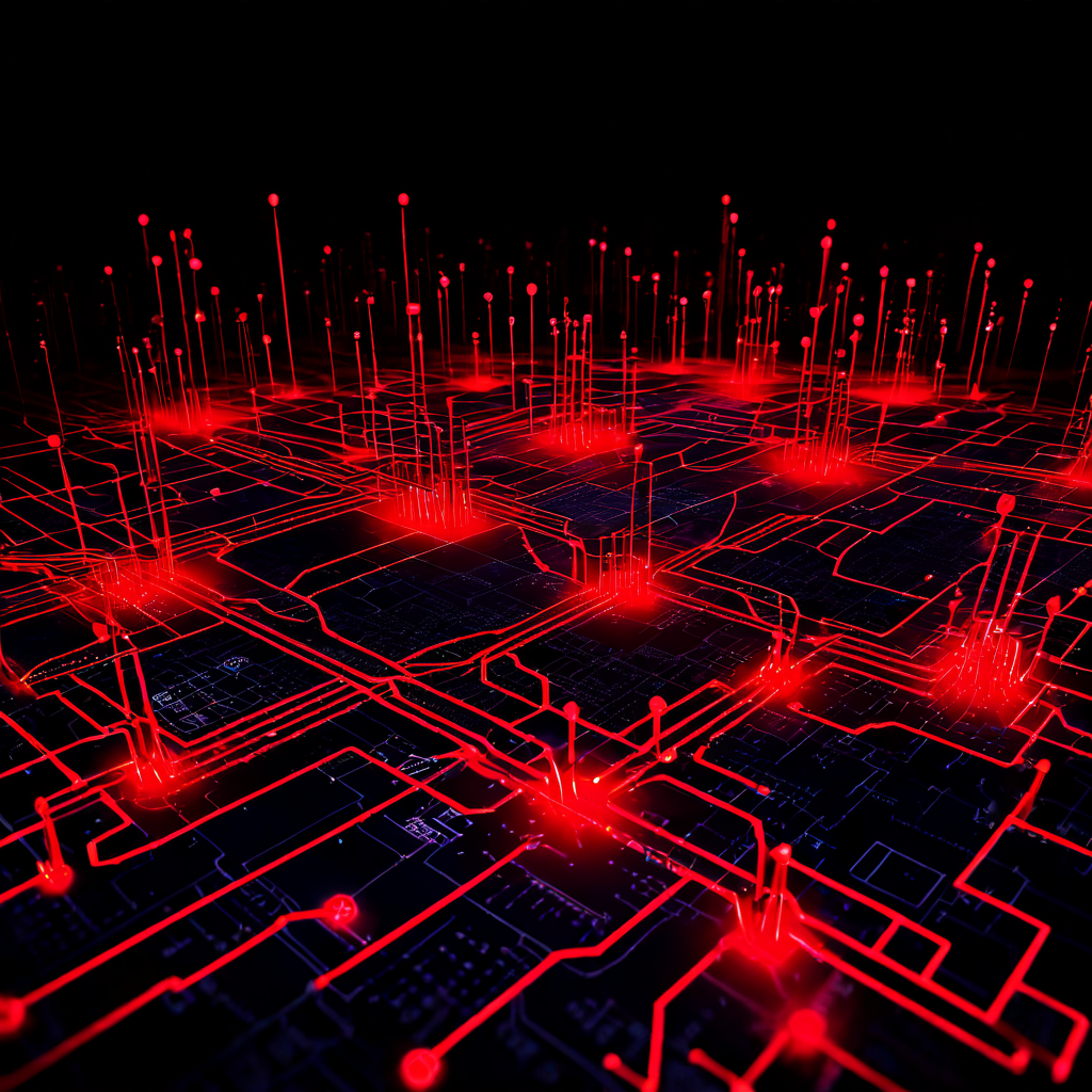 시스템 내 이상 금융 거래 흐름을 상징적으로 표현한 디지털 네트워크 맵으로, 빨갛게 빛나는 경로와 비정상적 연결 및 데이터 클러스터가 강조되어 있습니다.