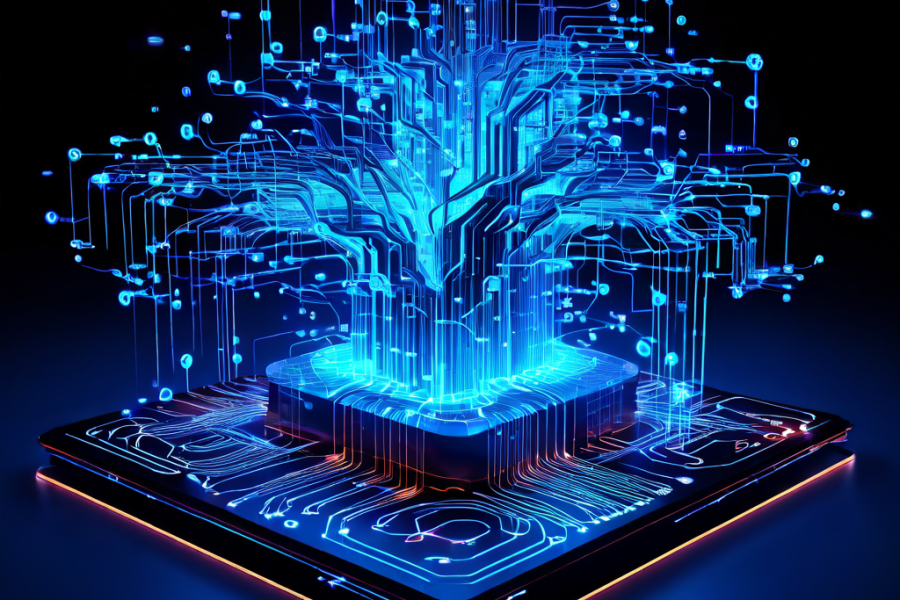 디지털 금융 엔진의 핵심 구조를 시각화한 이미지로, 실시간 주문서 데이터 흐름과 수수료 계산 알고리즘이 복잡하게 연결된 데이터 경로와 빛나는 연산 구조를 나타냅니다.