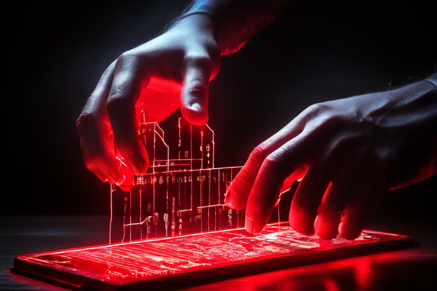 확정된 금융 거래 기록을 유령 같은 손이 조작하려는 순간, 빛나는 디지털 원장에 붉은 균열이 생기는 모습으로 블록체인 기술의 불변성과 보안 위협을 상징적으로 표현한 이미지입니다.