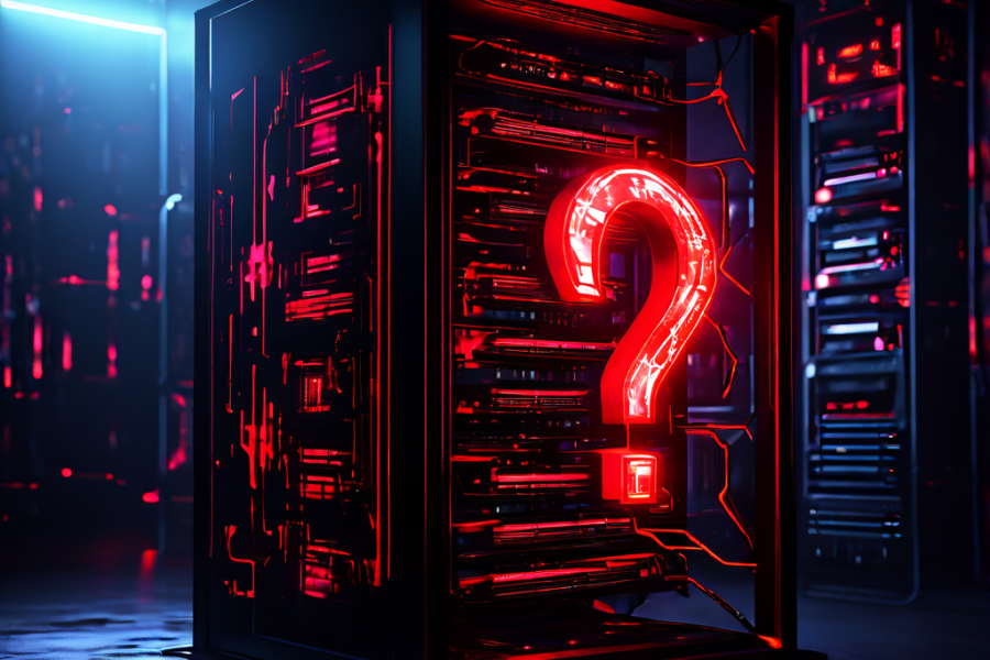 컴퓨터 서버 랙 앞에 균열이 간 거대한 물음표 홀로그램이 붉은 빛을 발산하며 기술적 오류나 보안 위협을 암시하는 이미지입니다.