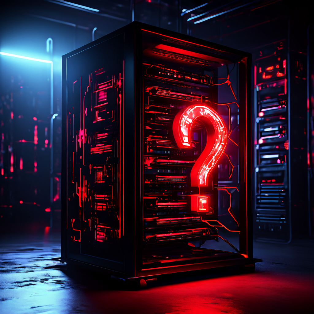 컴퓨터 서버 랙 앞에 균열이 간 거대한 물음표 홀로그램이 붉은 빛을 발산하며 기술적 오류나 보안 위협을 암시하는 이미지입니다.