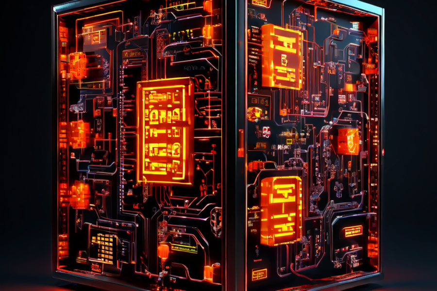 블록체인 게임에서 번호가 매겨진 데이터 블록이 게임 머신을 통해 암호화된 해시 문자열로 변환되고 검증 체크마크와 함께 작동하는 핵심 회로를 상세히 보여주는 3D 다이어그램입니다.