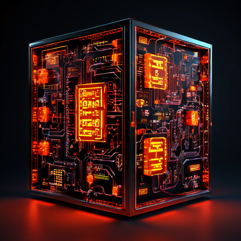 블록체인 게임에서 번호가 매겨진 데이터 블록이 게임 머신을 통해 암호화된 해시 문자열로 변환되고 검증 체크마크와 함께 작동하는 핵심 회로를 상세히 보여주는 3D 다이어그램입니다.