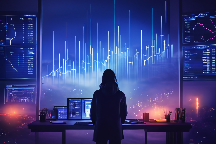 데이터 대시보드의 수익 차트가 안개 낀 공허로 희미해지며, 직원이 무력감에 빠진 채 멍하니 바라보는 모습에서 데이터 과부하와 비즈니스 통찰력 상실의 문제점을 보여줍니다.