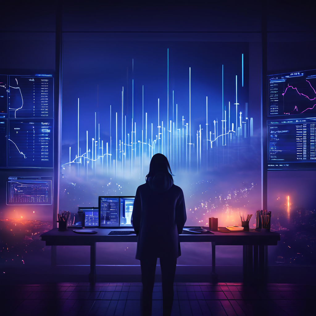 데이터 대시보드의 수익 차트가 안개 낀 공허로 희미해지며, 직원이 무력감에 빠진 채 멍하니 바라보는 모습에서 데이터 과부하와 비즈니스 통찰력 상실의 문제점을 보여줍니다.