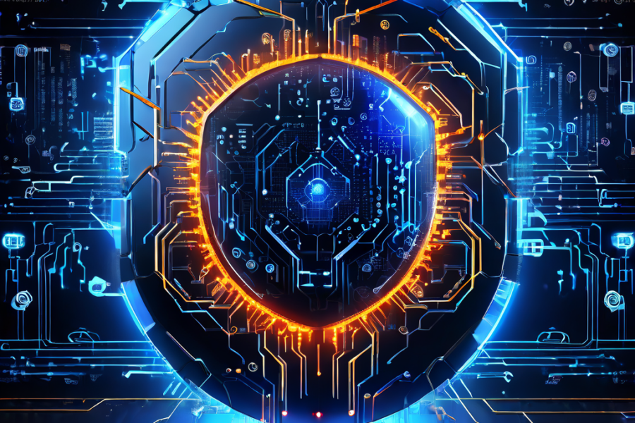 사이버 공격으로 인해 균열이 가는 디지털 방패와 진화하는 데이터 추출 바이러스, 복잡한 위협 모델 다이어그램이 함께 표현된 디지털 보안 위협 개념을 시각화한 이미지입니다.