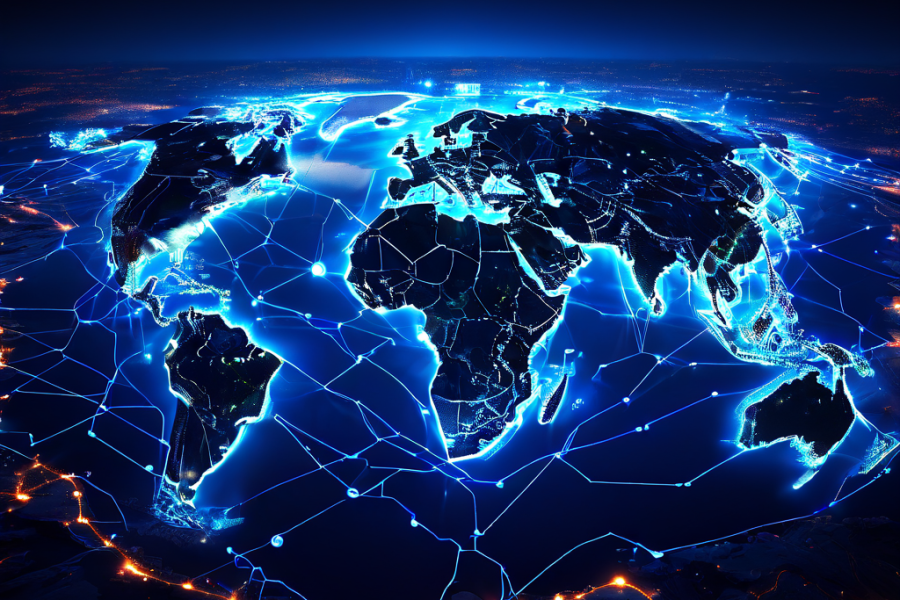 글로벌 인프라를 빛의 데이터 노드 네트워크로 형상화한 전략적 맵으로, 인프라를 단순 하드웨어가 아닌 관리해야 할 핵심 자산으로 표현한 개념 이미지입니다.