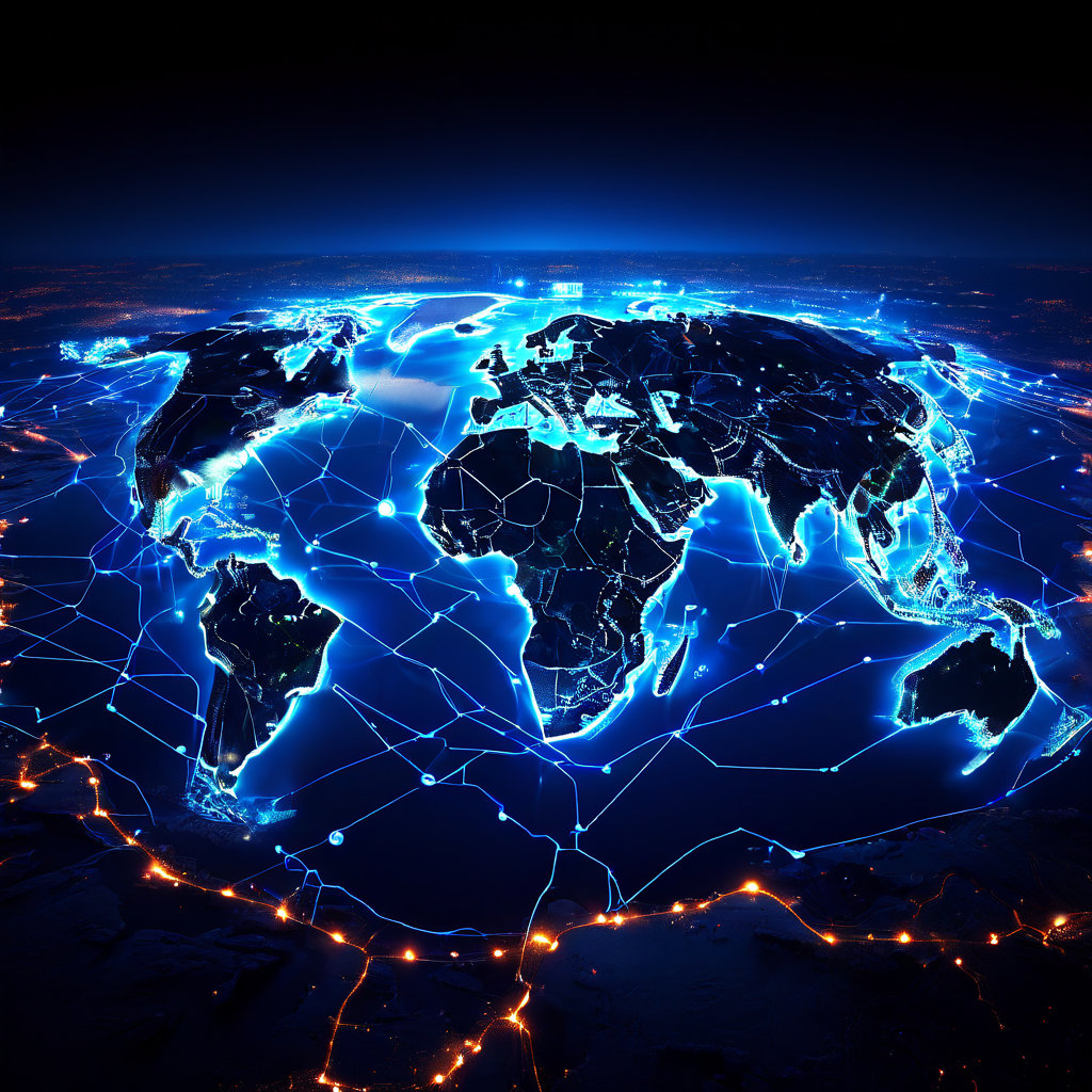 글로벌 인프라를 빛의 데이터 노드 네트워크로 형상화한 전략적 맵으로, 인프라를 단순 하드웨어가 아닌 관리해야 할 핵심 자산으로 표현한 개념 이미지입니다.