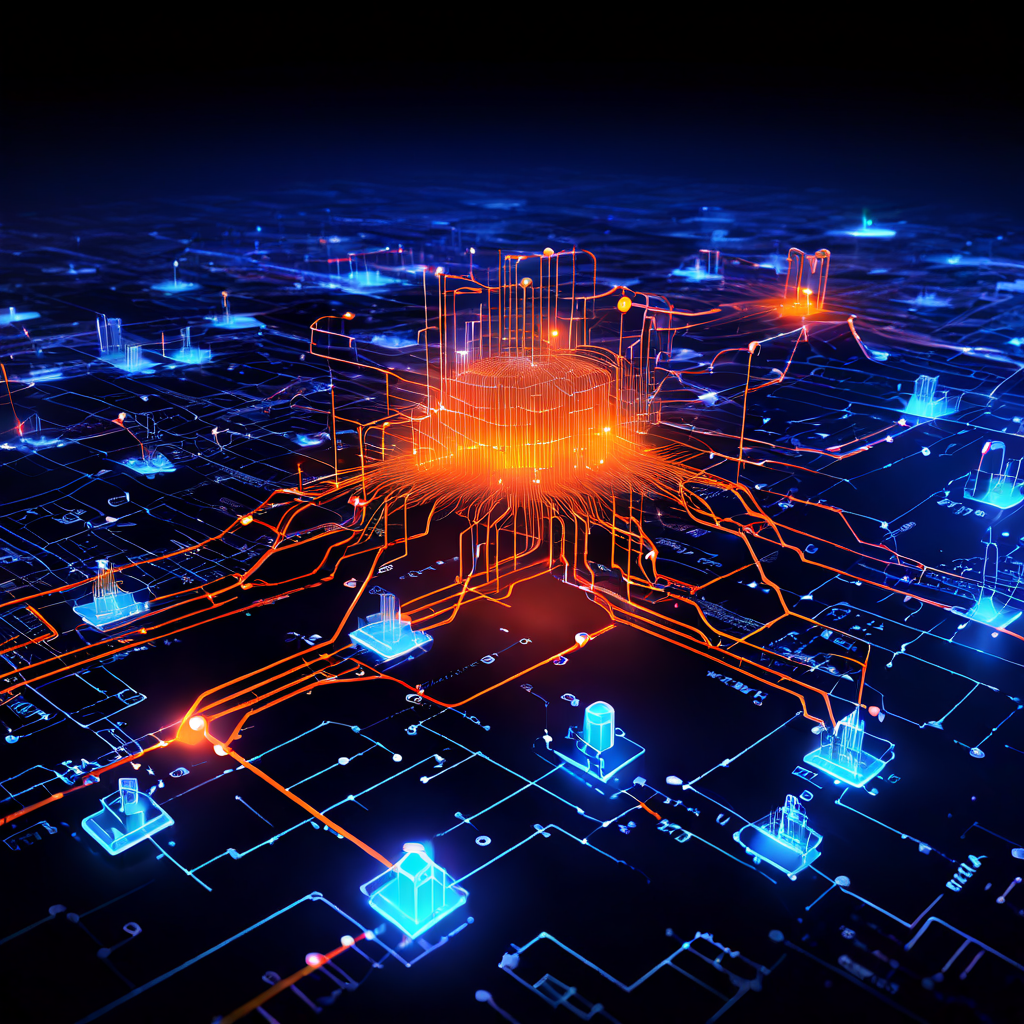 기술 시스템의 연결 장애를 분석하는 복잡한 네트워크 다이어그램으로, 오류를 일으키는 빛나는 노드와 주변의 분석 플로우차트가 문제 해결 과정을 시각화합니다.
