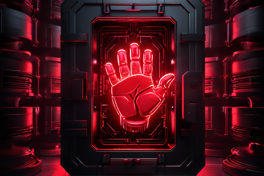 사이버 보안이 적용된 디지털 금고에서 로봇 손이 빛나는 가상 화폐 더미에 접근하려다 빨간 경고 표시로 차단당하는 모습을 상징적으로 표현한 이미지입니다.