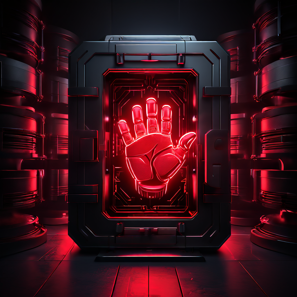 사이버 보안이 적용된 디지털 금고에서 로봇 손이 빛나는 가상 화폐 더미에 접근하려다 빨간 경고 표시로 차단당하는 모습을 상징적으로 표현한 이미지입니다.