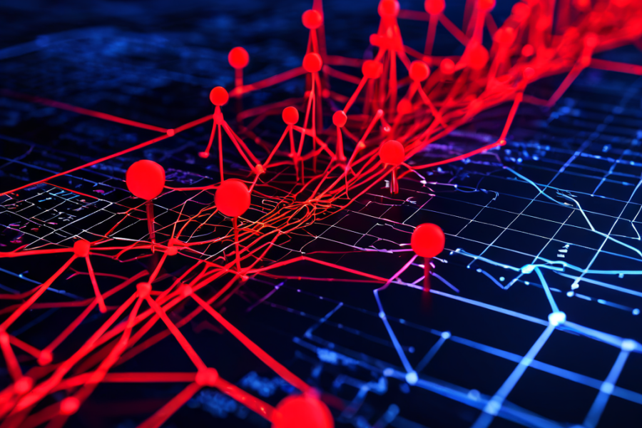 네트워크 성능 문제를 시각화한 그래프로, 데이터 흐름 지연을 나타내는 느린 연결과 불규칙하게 급증하는 트래픽 라인, 위험 신호를 알리는 빨간색 경고 아이콘을 포함하고 있습니다.