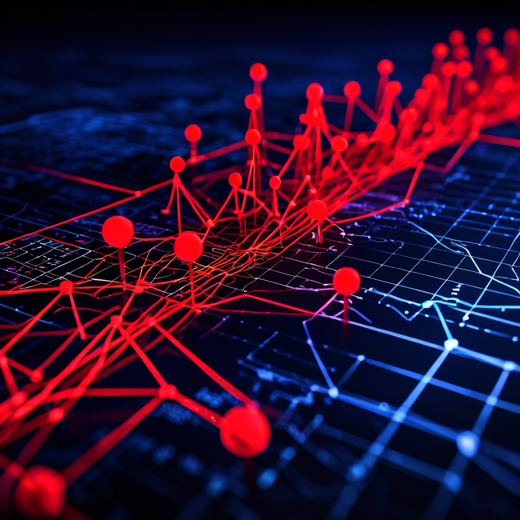 네트워크 성능 문제를 시각화한 그래프로, 데이터 흐름 지연을 나타내는 느린 연결과 불규칙하게 급증하는 트래픽 라인, 위험 신호를 알리는 빨간색 경고 아이콘을 포함하고 있습니다.