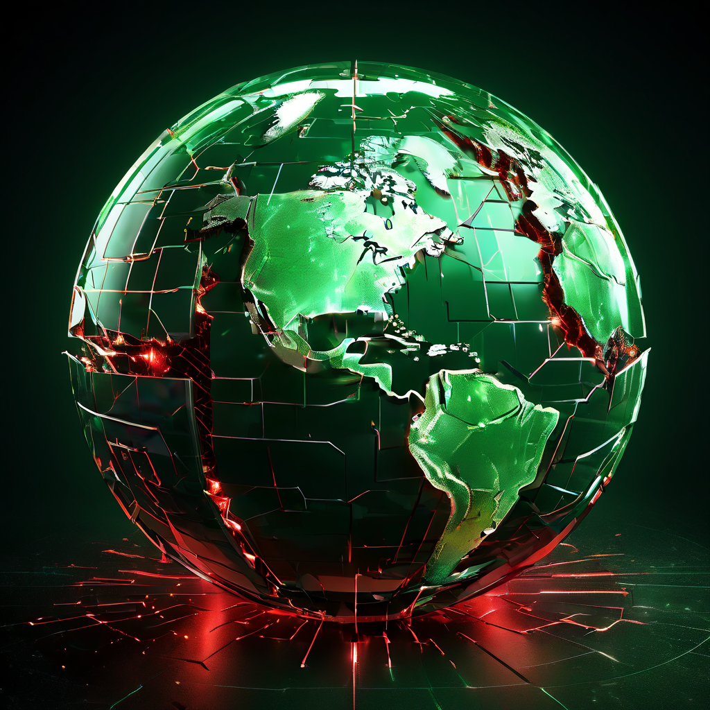 디지털 지구 모형의 신뢰성 위기를 상징적으로 표현한 이미지로, 금이 간 지구본 위에 방패 아이콘이 위치하며 신뢰할 수 있는 데이터 패킷은 초록색 체크 표시로 검증되고 손상된 데이터는 빨간색으로 거부되는 과정을 보여줍니다.