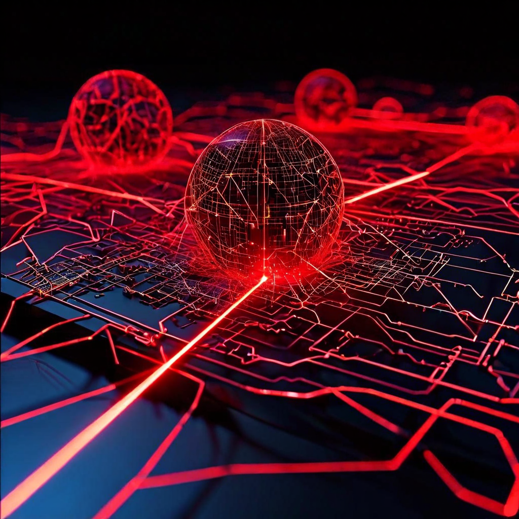 사이버 공격 경로가 3차원 네트워크 구조의 핵심 계층을 관통하며 균열을 일으키는 위협 시나리오를 시각화한 개념도입니다.