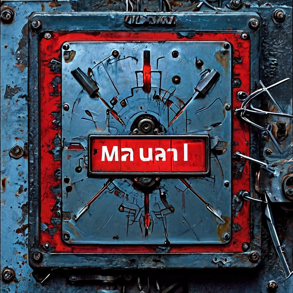 수동 작업을 의미하는 '매뉴얼' 표식이 된 방패가 화살에 맞아 갈라지고, 자동화 시스템이 결여된 어두운 제어판에 큰 빨간 경고 버튼이 눌리지 않은 채 놓여 있는 모습으로 디지털 전환의 필요성을 상징적으로 표현합니다.