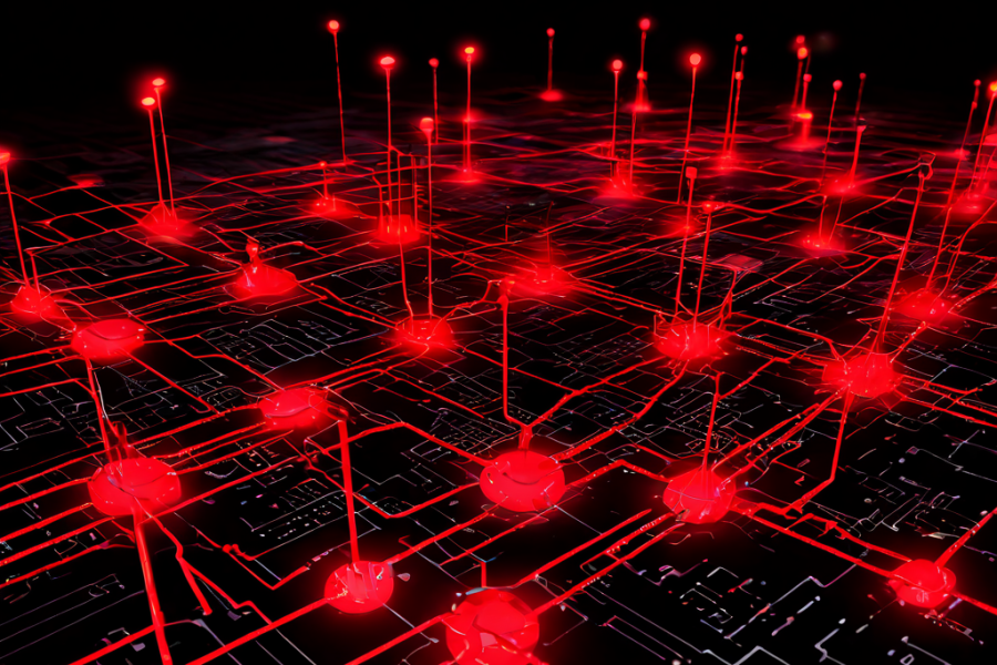 디지털 네트워크 맵에 빨간색 경고 아이콘과 끊어진 연결선이 표시되어 서비스 장애와 성능 저하 문제를 시각적으로 나타내는 이미지입니다.