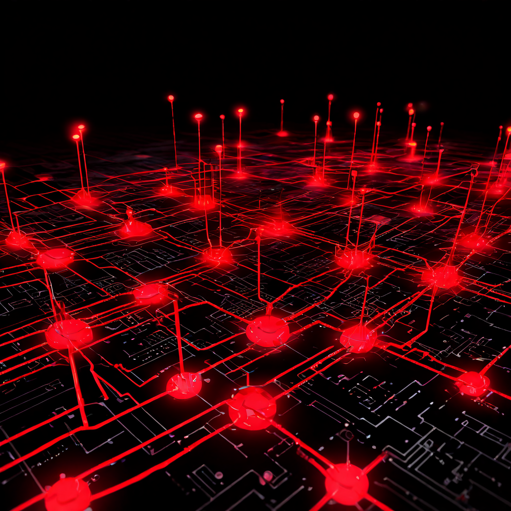 디지털 네트워크 맵에 빨간색 경고 아이콘과 끊어진 연결선이 표시되어 서비스 장애와 성능 저하 문제를 시각적으로 나타내는 이미지입니다.