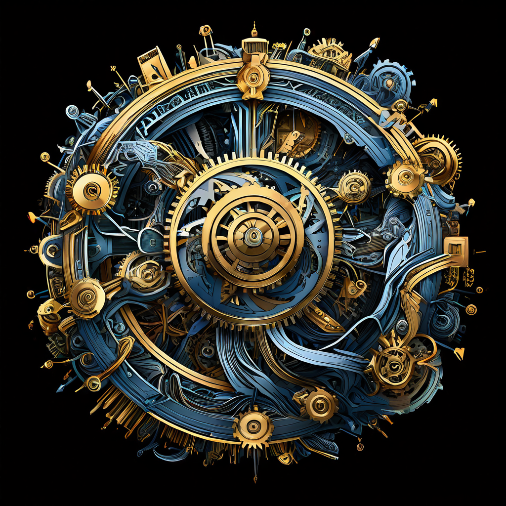 중앙의 정교한 톱니바퀴로 상징되는 복잡한 금융 시스템의 안정성을, 주변의 혼란스럽고 예측 불가한 변수들을 손으로 관리하며 통제하는 모습을 표현한 개념 이미지입니다.