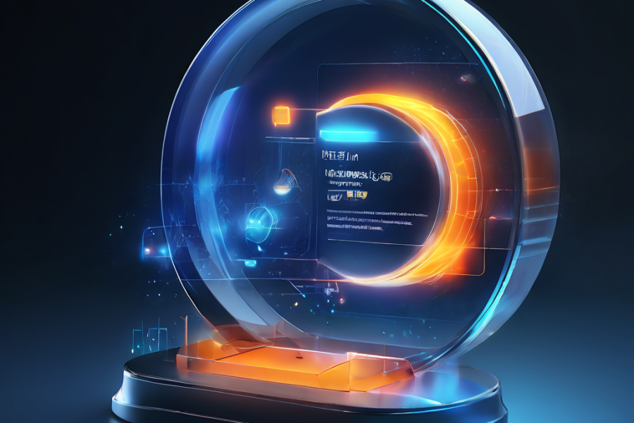 A close-up digital interface shows a live chat button with a glowing response indicator, layered data paths and secure connection...