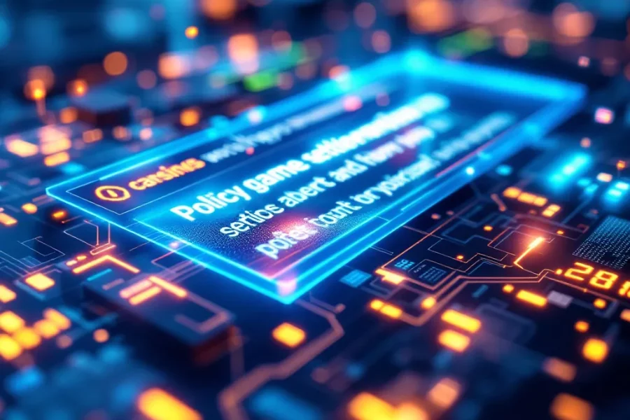 Futuristic digital interface showing layered service flow with secure policy notice signals before gameplay on a multi-game...