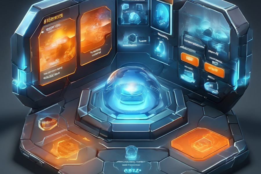 Abstract mobile slot lobby interface with glowing game tiles showing percentage displays, layered digital service flow and secure...