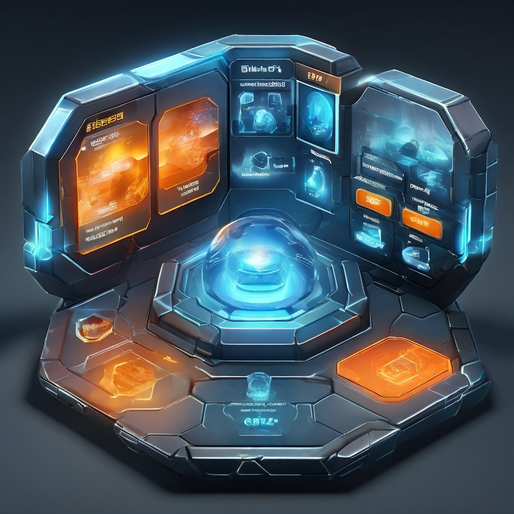Abstract mobile slot lobby interface with glowing game tiles showing percentage displays, layered digital service flow and secure...