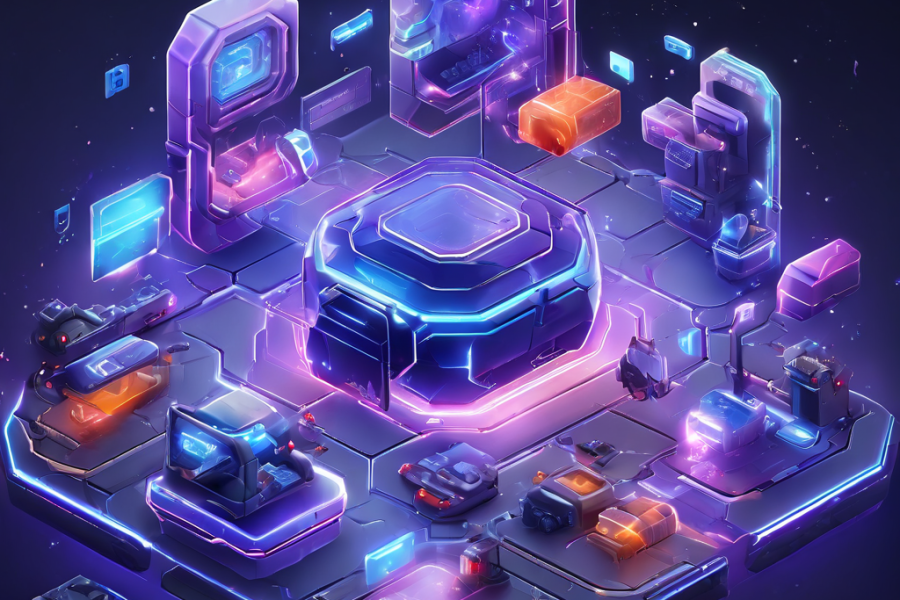 Digital interface showing a layered mobile game search filter with glowing data paths and secure service flow