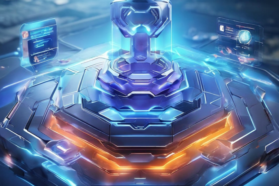 Premium digital composition showing a cross game lobby interface as a pressure point with layered data paths and secure service...